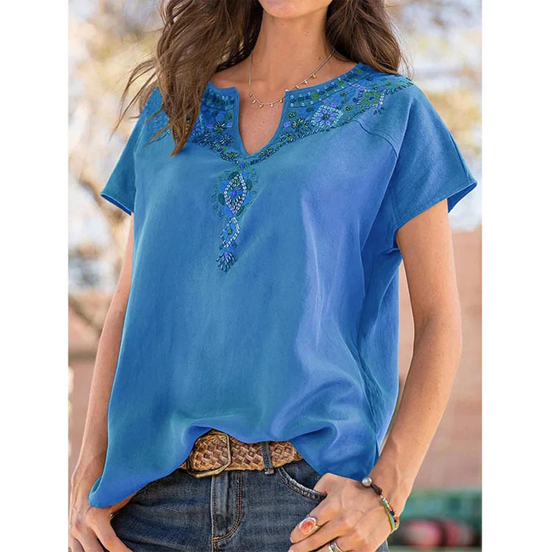 V-Neck Loose Ethnic Style T-Shirt