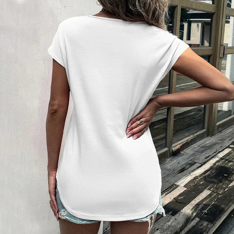 Round Neck Half Zip Panel Lace Short Sleeve T-shirt