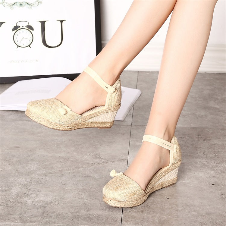 Sandals Wedge Casual Woven Flax Buckle Sandals
