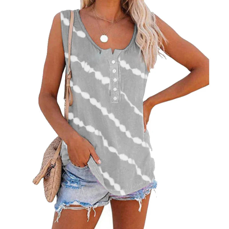 Women's Diagonal Stripe Button Crew Neck Tank Top